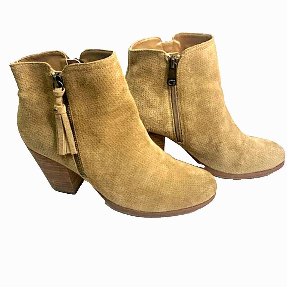 Guess Beige Perforated Suede Western Leather Tassel Zip Stacked Heels Ankle 10M